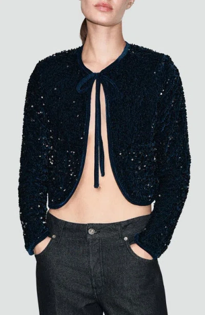 Mango Sequin Velvet Tie Neck Jacket In Blue