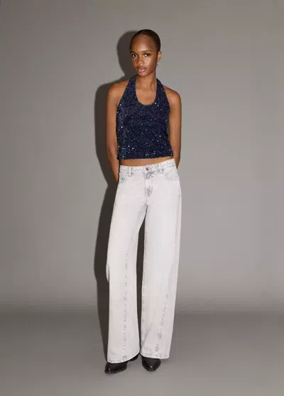 Mango Sequined Halter Top In Blue