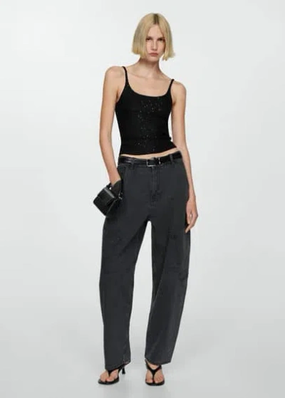 Mango Sequined Strap Top Black In Black