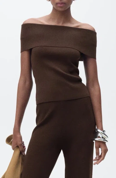 Mango Sesete Off The Shoulder Knit Top In Chocolate