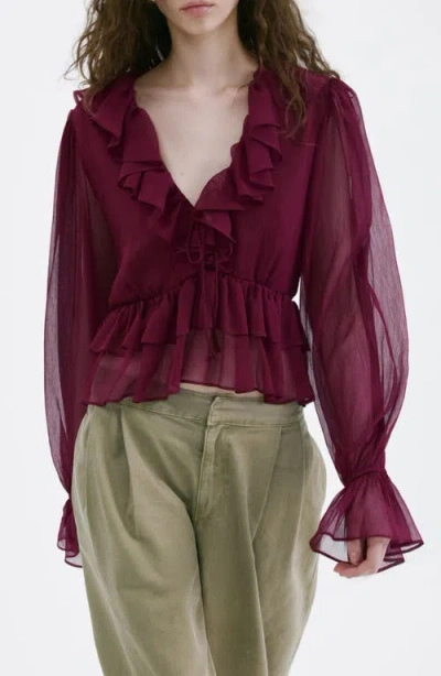 Mango Sheer Ruffle Shirt In Burgundy