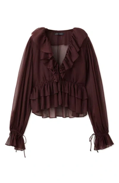 Mango Sheer Ruffle Shirt In Burgundy