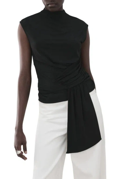 Mango Shirred Faux Wrap Top In Black