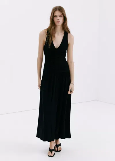Mango Shirred Long Dress In Black