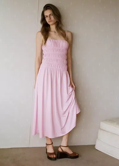 Mango Shirred Long Dress In Light Pink