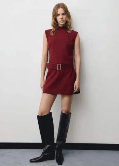 Mango Short Belted Dress Maroon In Maroon