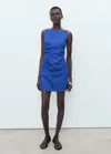 Mango Short Draped Linen Dress Vibrant Blue