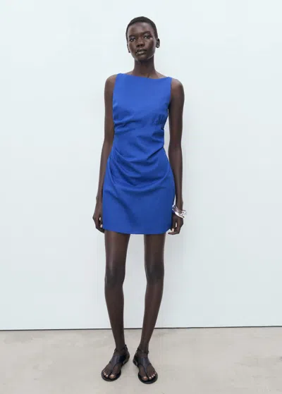 Mango Short Draped Linen Dress Vibrant Blue
