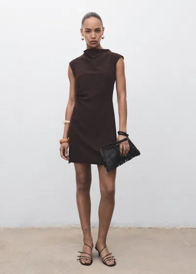 Mango Short Dress With Draped Collar Chocolate In Brown