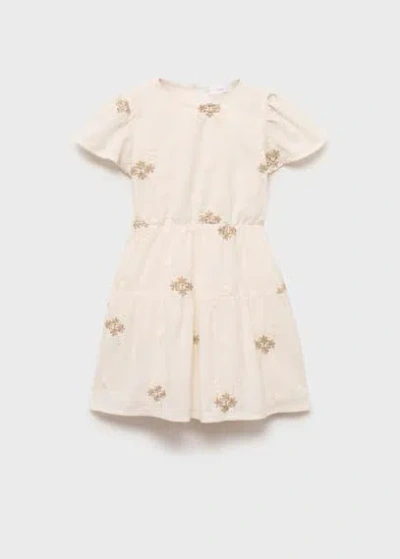 Mango Kids' Short Dress With Embroidered Detail Off White In Blanc Cassé