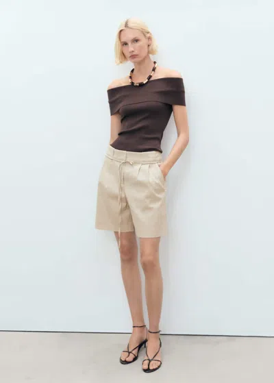 Mango Linen Shorts With Bow Belt Beige