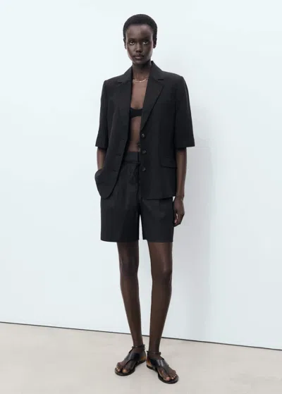Mango Linen Shorts With Bow Belt Black