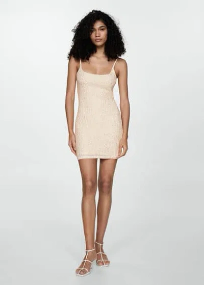 Mango Short Fitted Sequin Dress Ecru