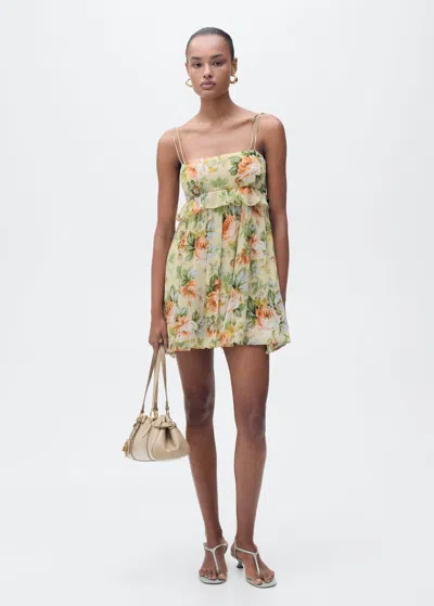 Mango Short Floral Dress With Ruffle Detail Ecru