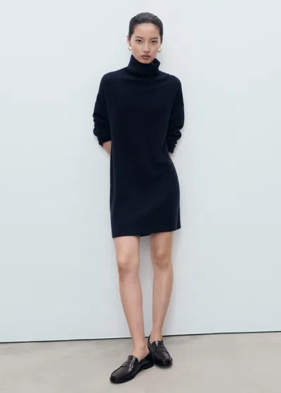 Mango Short Knitted Turtleneck Dress Dark Navy In Blue