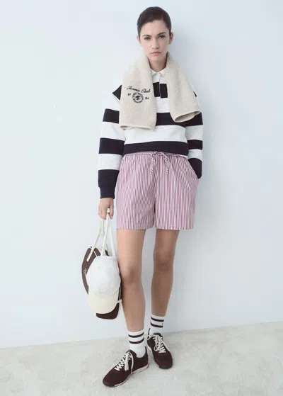 Mango Striped Poplin Shorts With Embroidered Message Red