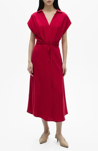 Mango Short Sleeve Belted Midi Dress In Red