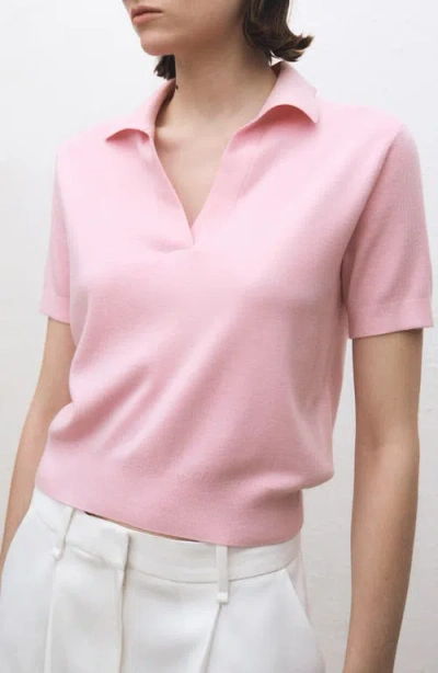 Mango Short Sleeve Cotton & Wool Polo Sweater In Pink
