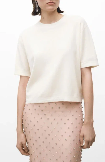 Mango Short Sleeve Cotton & Wool Sweater In Ecru