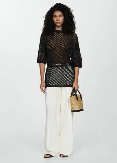 Mango Short Sleeve Crochet Jumper Black