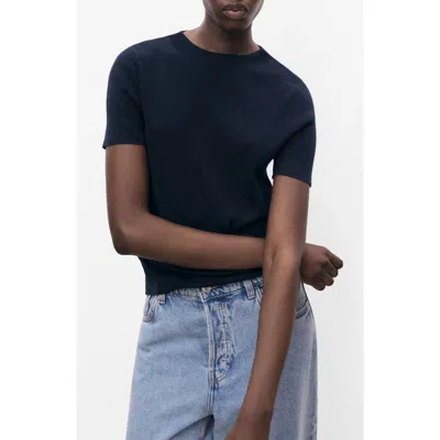 Mango Short Sleeve Fine Knit Cotton Blend Sweater In Blue