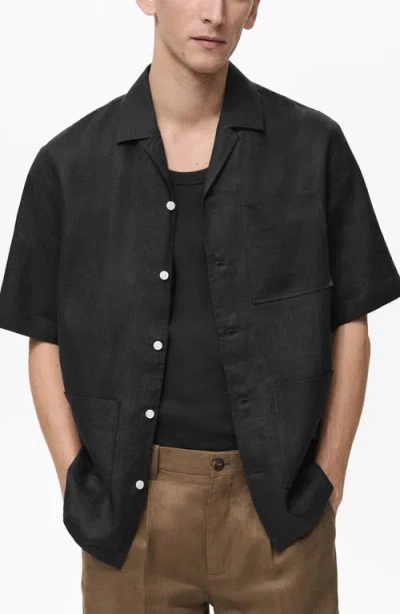Mango Short Sleeve Linen Button-up Shirt In Black