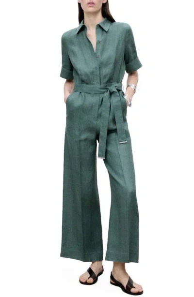 Mango Short Sleeve Linen Jumpsuit In Forest Green