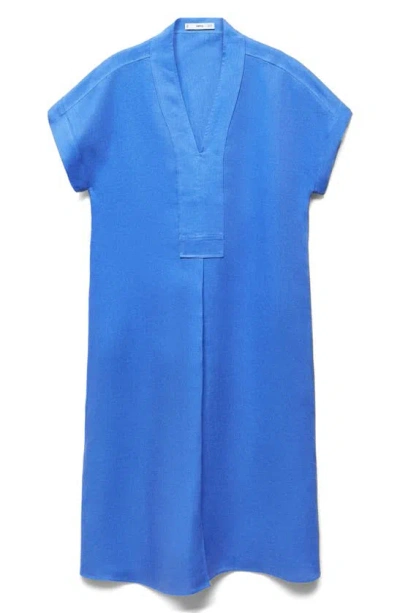 Mango Short Sleeve Linen Shirtdress In Blue