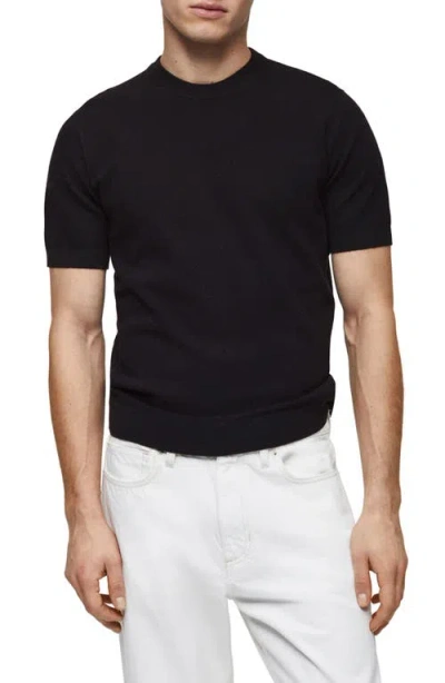 Mango Short Sleeve Piqué Knit Crewneck Sweater In Dark Navy