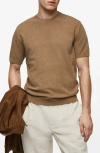 Mango Short Sleeve Piqué Knit Crewneck Sweater In Medium Brown