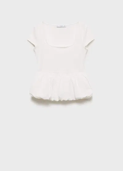 Mango Square Neck Short Sleeve Ruffle Hem Top In White