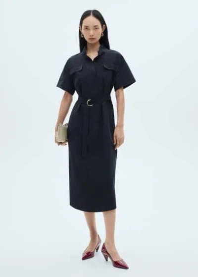 Mango Robe Chemisier Ceinture Bleu - Femme - S -