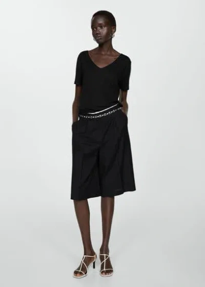 Mango Short-sleeved Linen T-shirt Black In Black