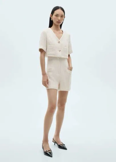 Mango Short-sleeved Tweed Jumpsuit Ecru In Écru