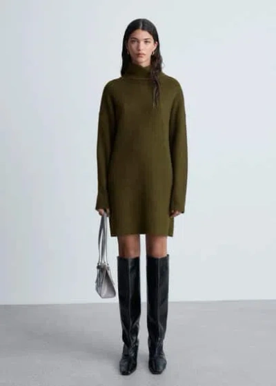 Mango Short Turtleneck Knitted Dress Khaki In Kaki