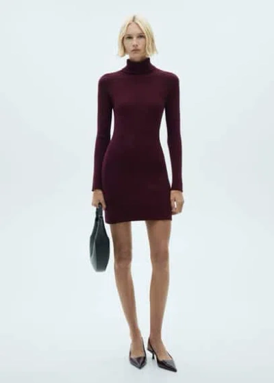 Mango Short Turtleneck Knitted Dress Maroon In Grenat