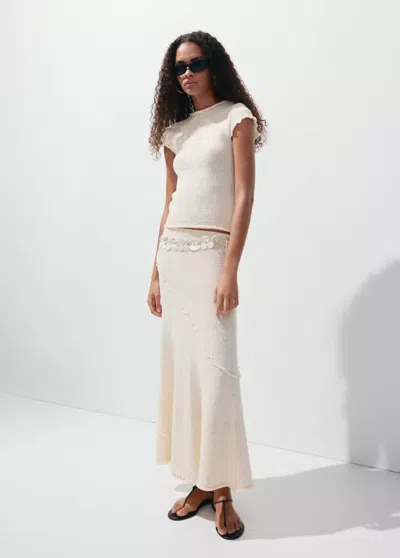 Mango Short-sleeve Sweater With Wavy Stitching In White