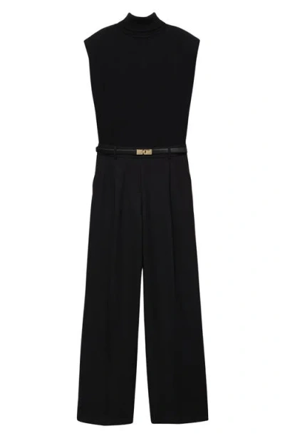 Mango Shoulder Pad Mock Neck Jumpsuit In Black