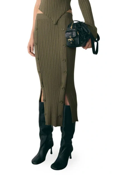 Mango Side Button Rib Sweater Skirt In Khaki Green