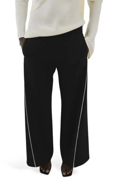 Mango Side Piped Knit Wide Leg Pants In Black