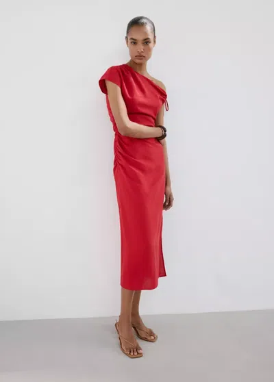 Mango Side Ruched Asymmetric Dress In Red