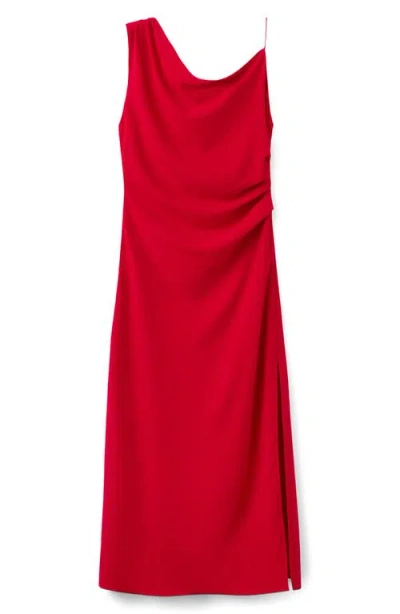 Mango Side Ruched Asymmetric Midi Dress In Red