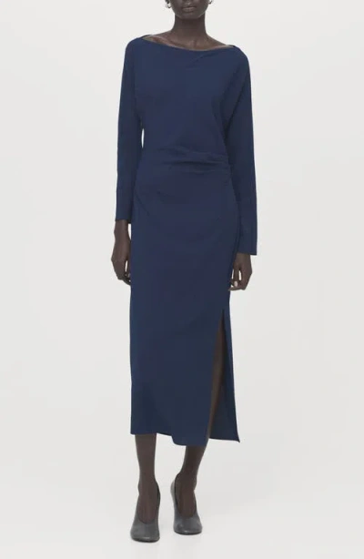 Mango Side Ruched Long Sleeve Dress In Blue