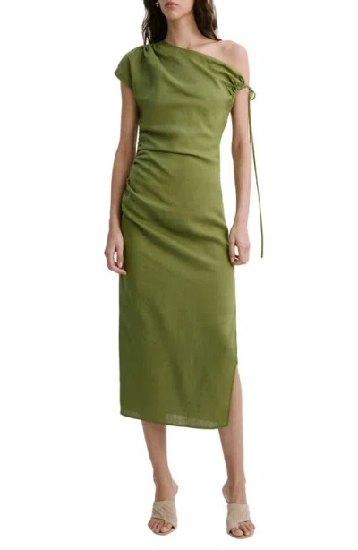 Mango Side Ruched One-shoulder Midi Dress In Green