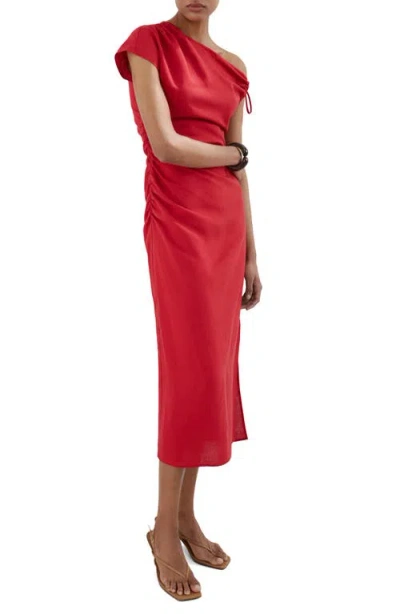 Mango Side Ruched One-shoulder Midi Dress In Pink