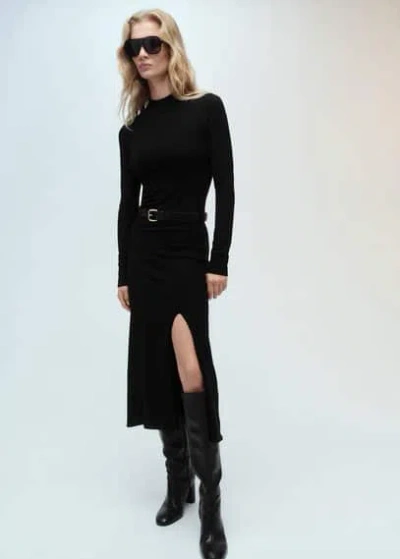 Mango Side Slit Knit Dress Black