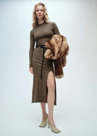 Mango Side Slit Knit Dress Khaki
