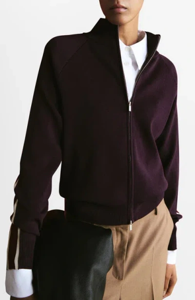 Mango Side Stripe Zip Cardigan In Burgundy
