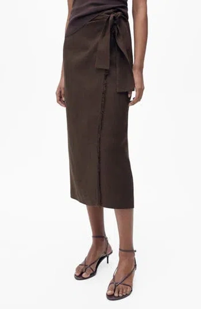 Mango Side Tie Linen Wrap Skirt In Brown