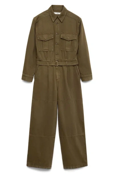 Mango Sidney Long Sleeve Cotton Utility Jumpsuit In Khaki